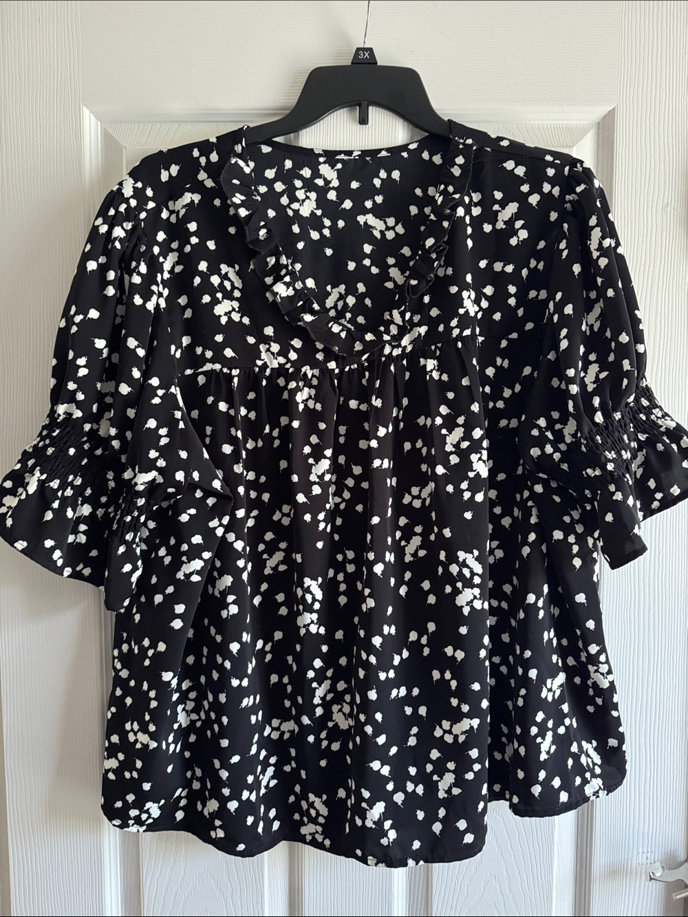 Black and White Polka Dot Peasant Blouse - Women